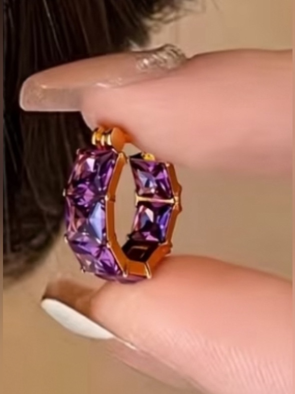 Gold Hoop Earrings with Purple Crystal Accents - Picture 3 of 3